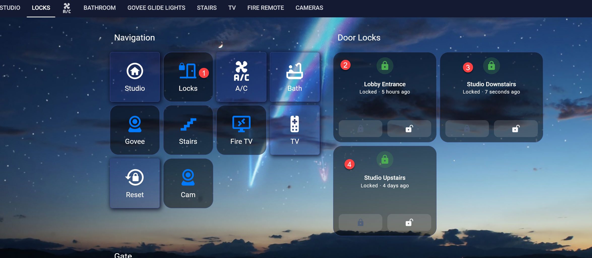 Go up stairs and open the Studio Upstairs Lock. Use App to easy opening!
